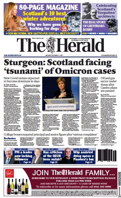 The Herald (UK) Newspaper Front Page for 11 December 2021