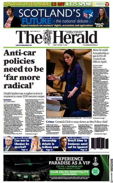 The Herald Newspaper Front Page for 11 February 2022