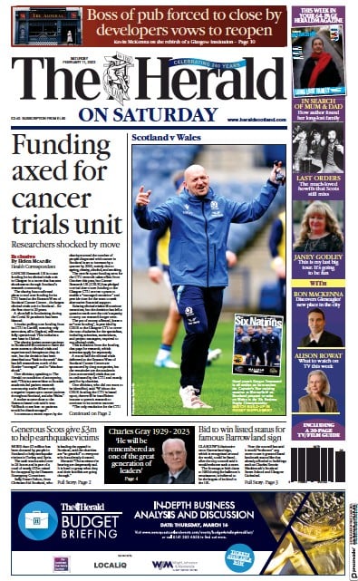 The Herald (UK) Newspaper Front Page for 11 February 2023