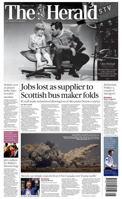 The Herald (UK) Newspaper Front Page for 11 July 2025