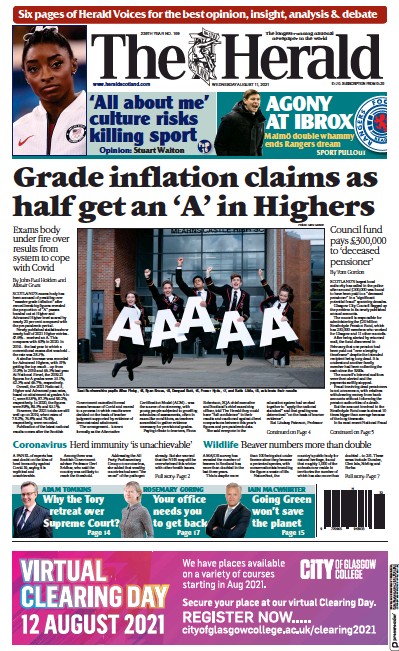 The Herald (UK) Newspaper Front Page for 11 August 2021