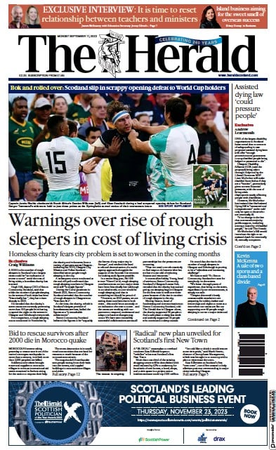 The Herald (UK) Newspaper Front Page for 11 September 2023