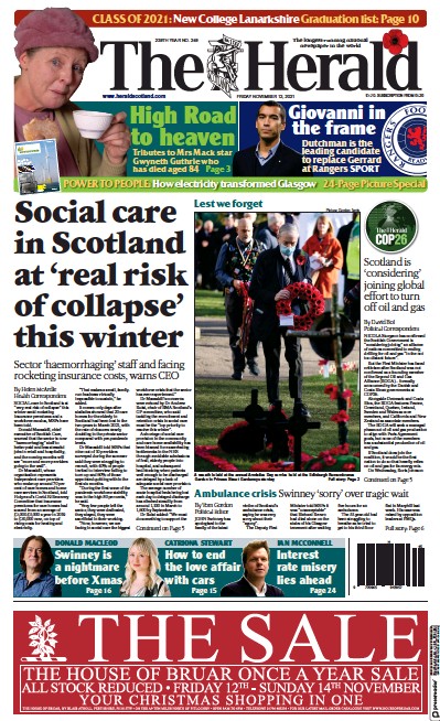 The Herald (UK) Newspaper Front Page for 12 November 2021