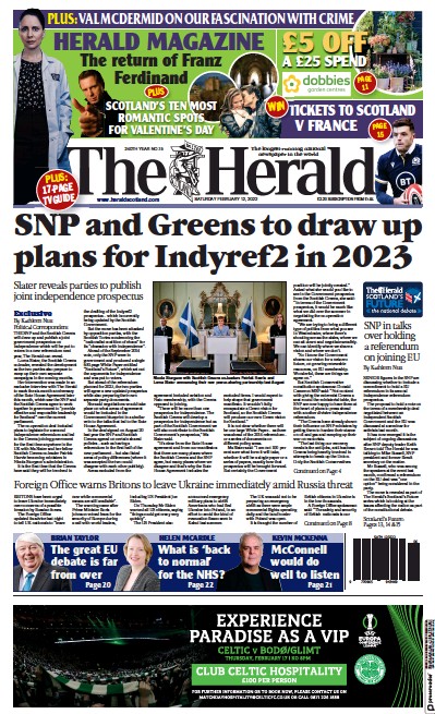 The Herald Newspaper Front Page for 12 February 2022