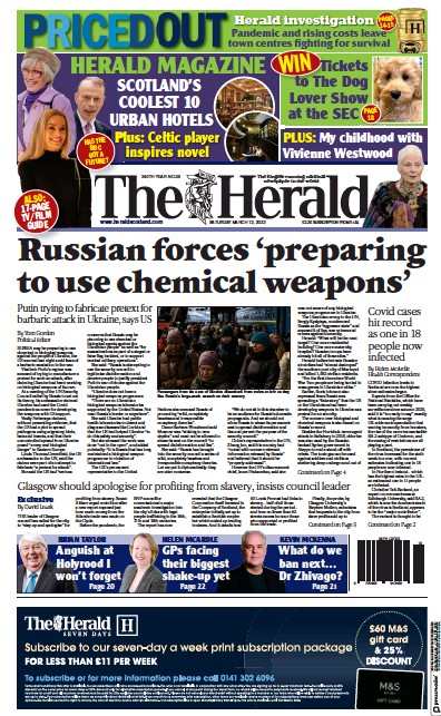 The Herald Newspaper Front Page for 12 March 2022