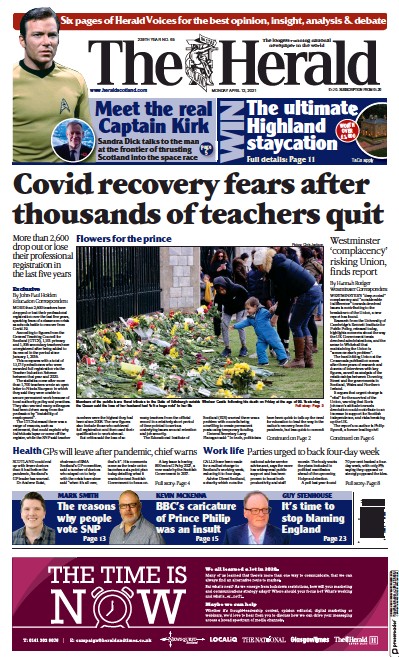 The Herald (UK) Newspaper Front Page for 12 April 2021