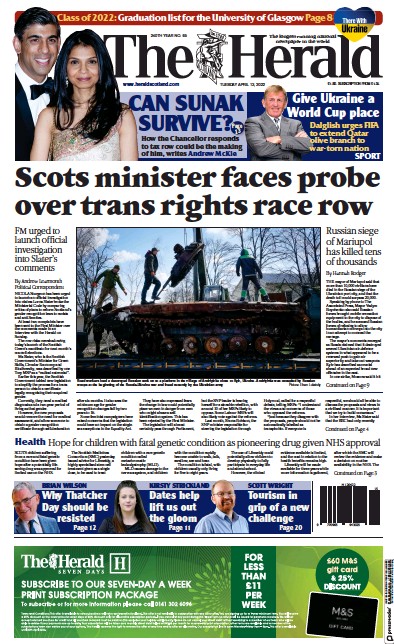 The Herald Newspaper Front Page for 12 April 2022
