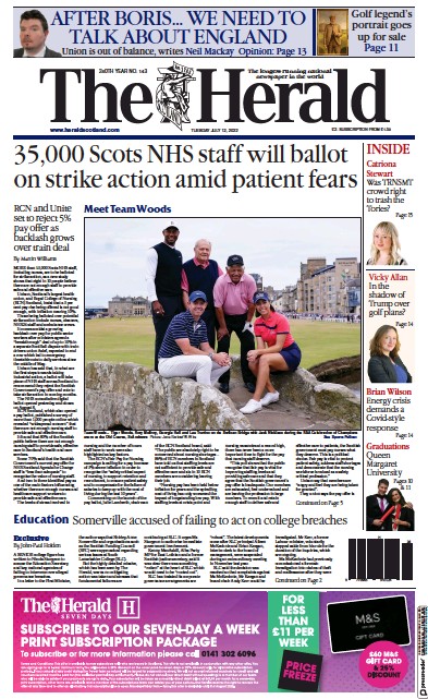 The Herald (UK) Newspaper Front Page for 12 July 2022