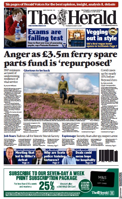 The Herald (UK) Newspaper Front Page for 12 August 2021