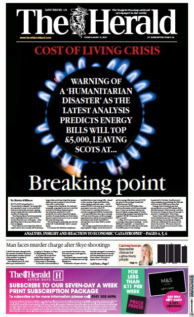 The Herald (UK) Newspaper Front Page for 12 August 2022