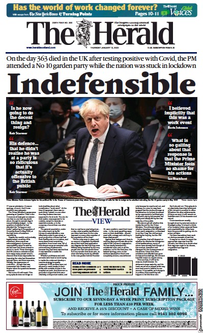 The Herald (UK) Newspaper Front Page for 13 January 2022