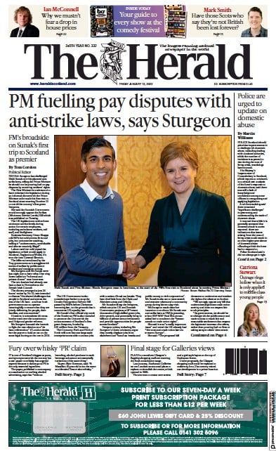 The Herald (UK) Newspaper Front Page for 13 January 2023