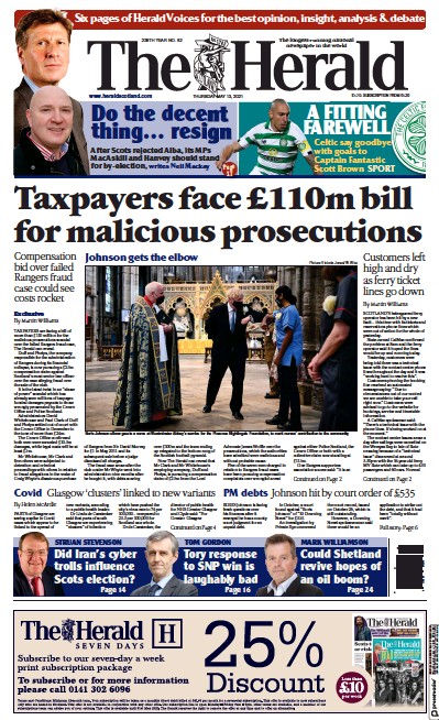 The Herald Newspaper Front Page for 13 May 2021