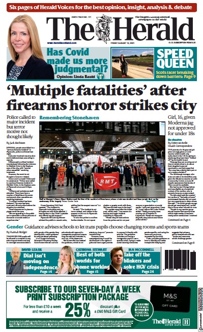 The Herald (UK) Newspaper Front Page for 13 August 2021