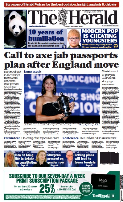 The Herald (UK) Newspaper Front Page for 13 September 2021