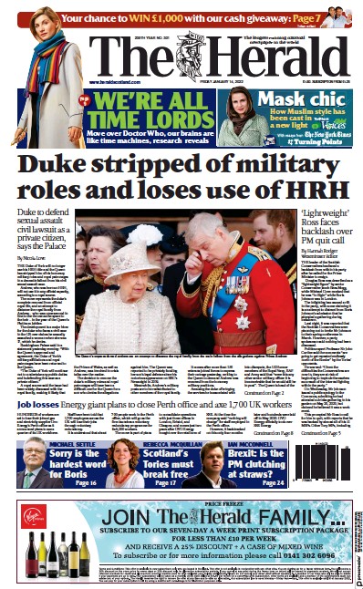 The Herald (UK) Newspaper Front Page for 14 January 2022