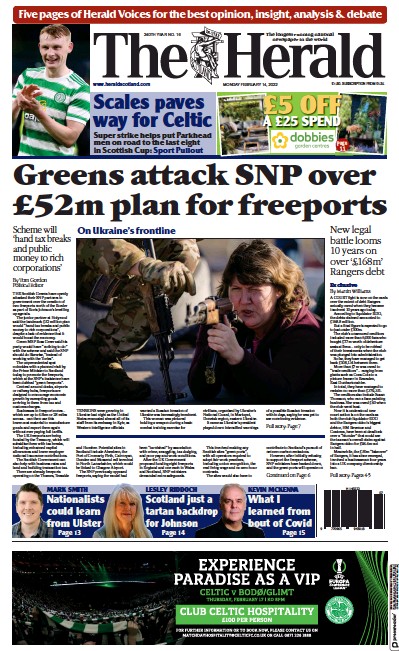 The Herald (UK) Newspaper Front Page for 14 February 2022