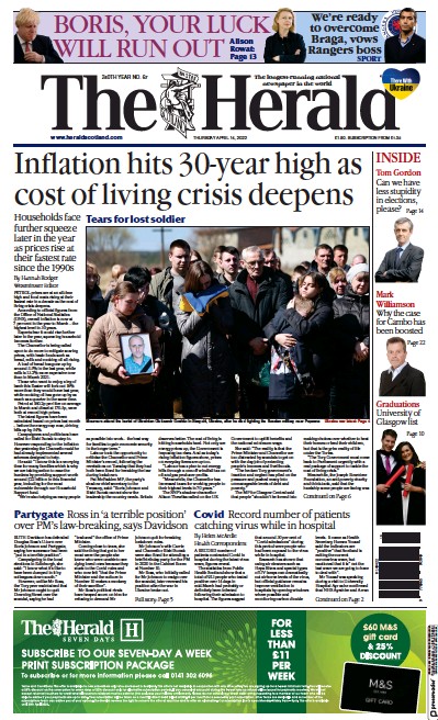 The Herald (UK) Newspaper Front Page for 14 April 2022
