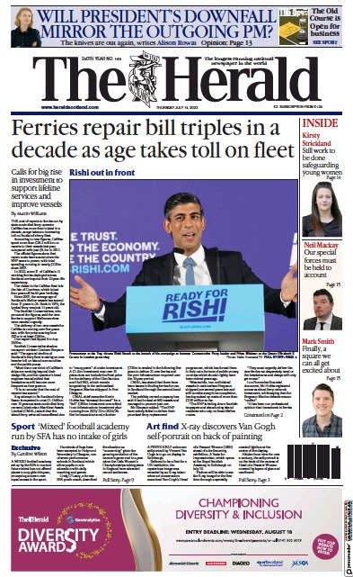 The Herald (UK) Newspaper Front Page for 14 July 2022