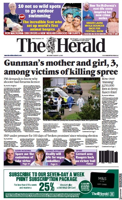 The Herald (UK) Newspaper Front Page for 14 August 2021