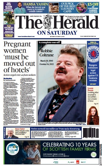 The Herald (UK) Newspaper Front Page for 15 October 2022