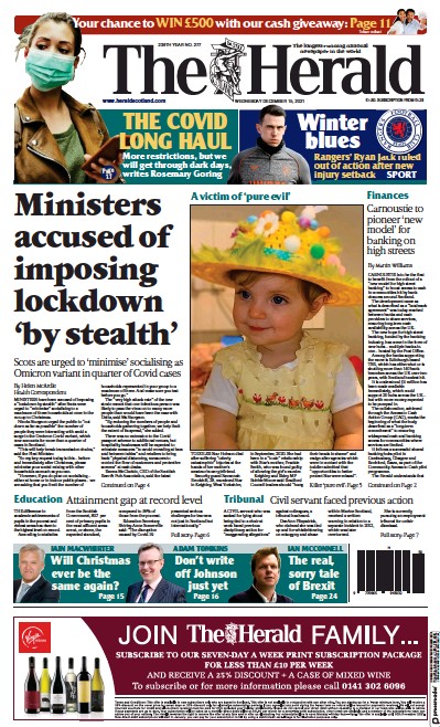 The Herald (UK) Newspaper Front Page for 15 December 2021
