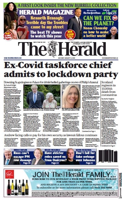 The Herald (UK) Newspaper Front Page for 15 January 2022