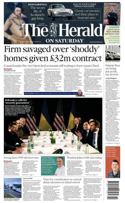 The Herald (UK) Newspaper Front Page for 15 February 2025