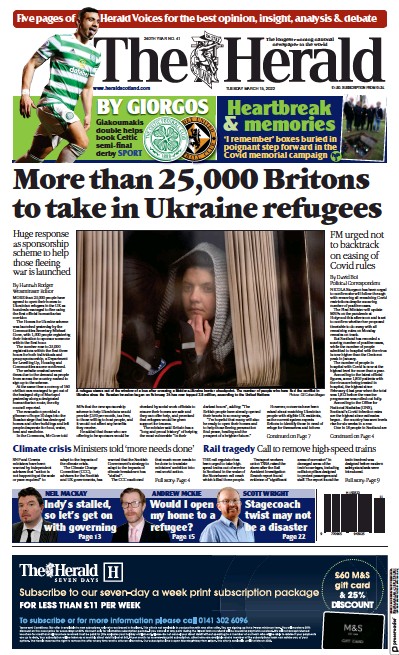 The Herald (UK) Newspaper Front Page for 15 March 2022
