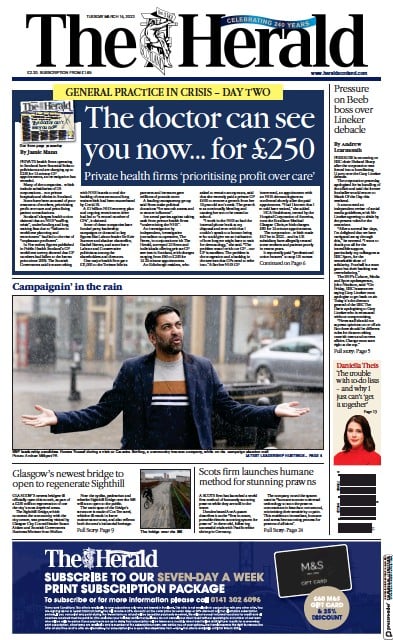 The Herald (UK) Newspaper Front Page for 15 March 2023