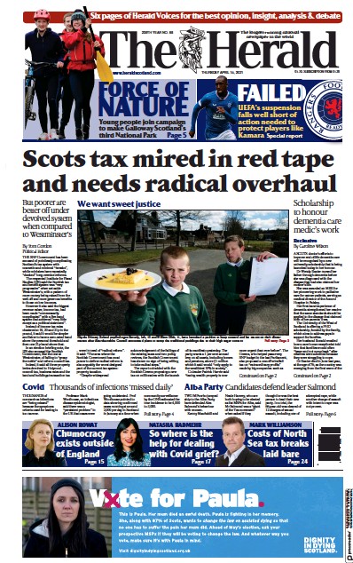 The Herald (UK) Newspaper Front Page for 15 April 2021