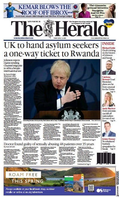The Herald (UK) Newspaper Front Page for 15 April 2022