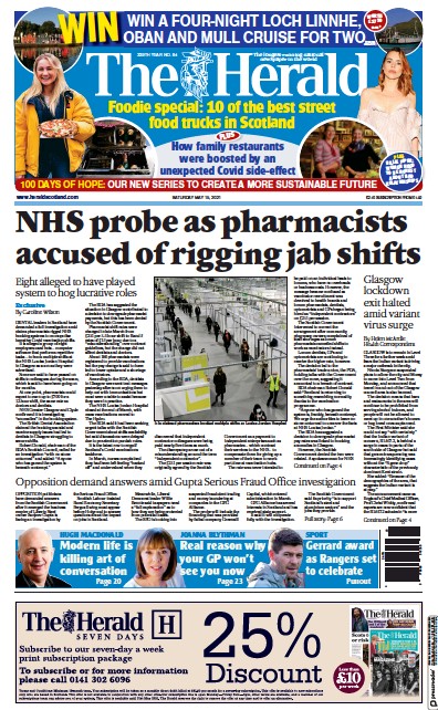 The Herald Newspaper Front Page for 15 May 2021