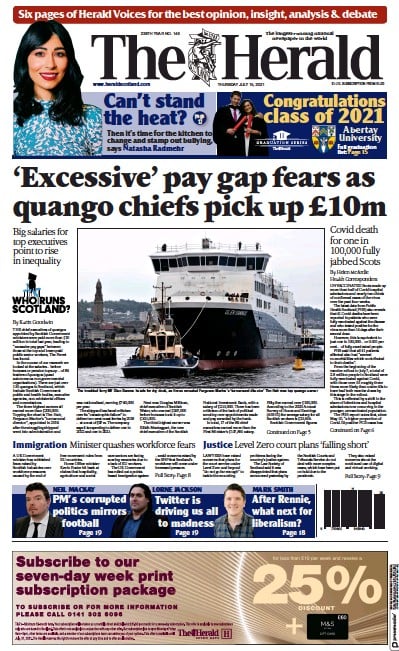 The Herald (UK) Newspaper Front Page for 15 July 2021