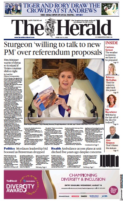 The Herald Newspaper Front Page for 15 July 2022