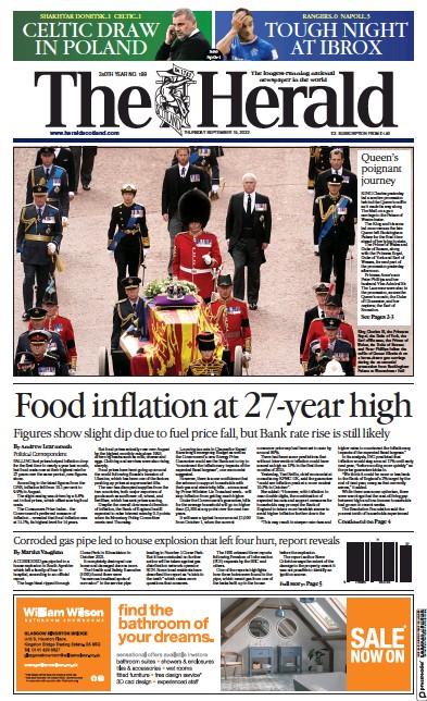 The Herald (UK) Newspaper Front Page for 15 September 2022