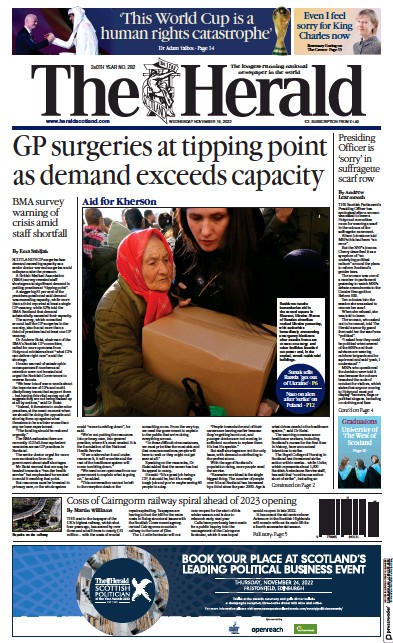 The Herald (UK) Newspaper Front Page for 16 November 2022