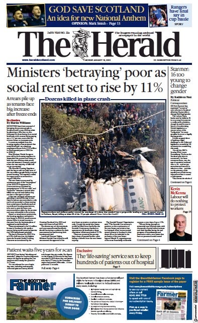 The Herald (UK) Newspaper Front Page for 16 January 2023