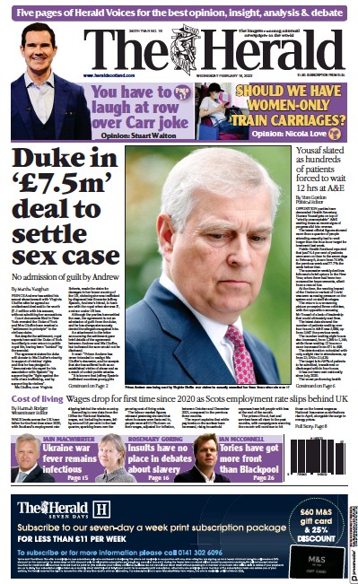 The Herald (UK) Newspaper Front Page for 16 February 2022