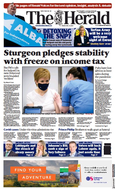 The Herald (UK) Newspaper Front Page for 16 April 2021