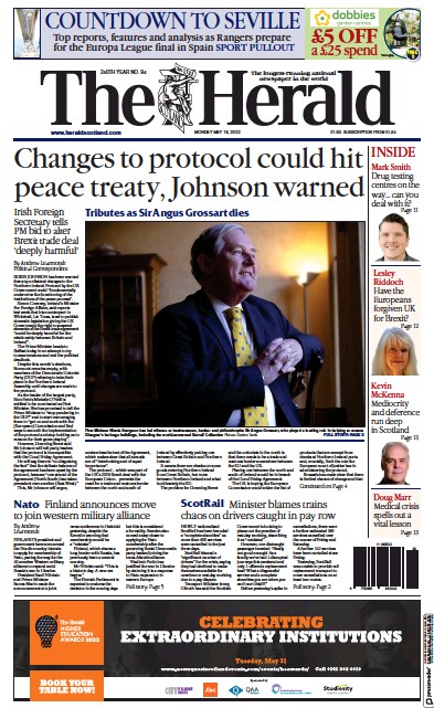 The Herald (UK) Newspaper Front Page for 16 May 2022