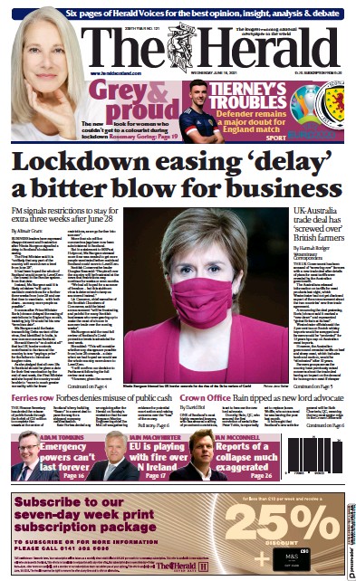 The Herald (UK) Newspaper Front Page for 16 June 2021
