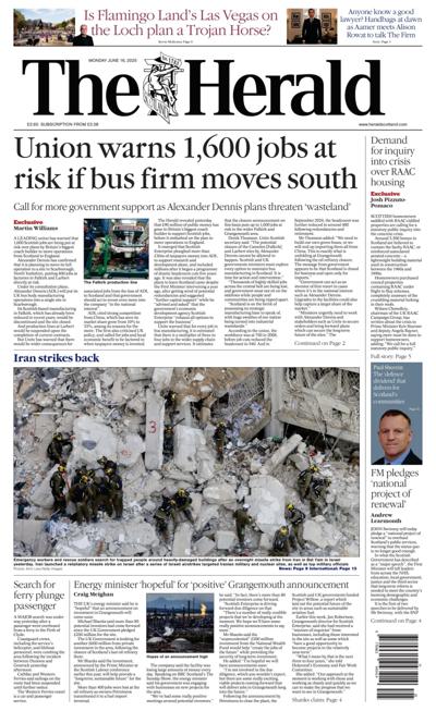 The Herald (UK) Newspaper Front Page for 16 June 2025