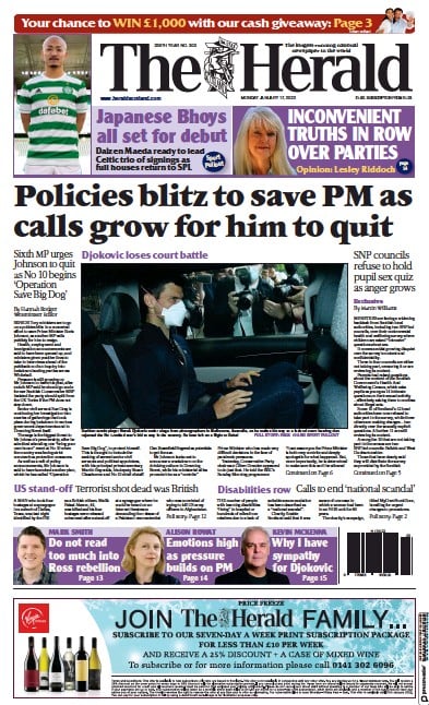 The Herald (UK) Newspaper Front Page for 17 January 2022