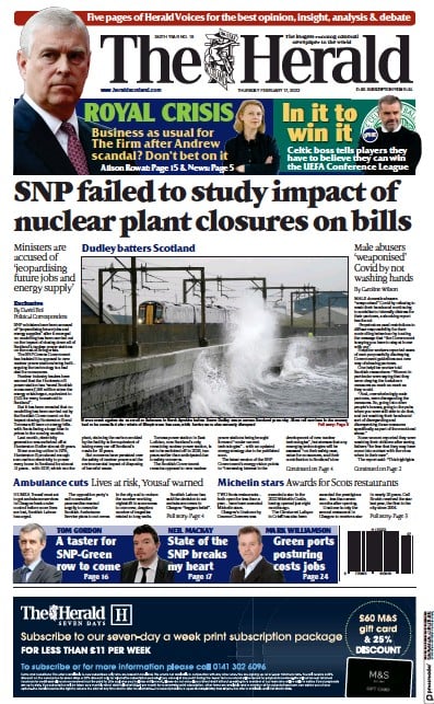The Herald (UK) Newspaper Front Page for 17 February 2022