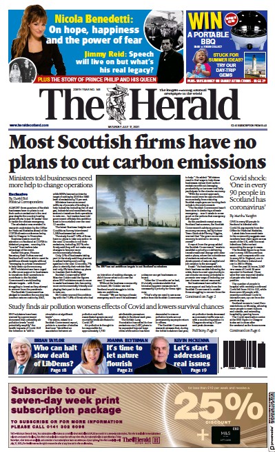 The Herald (UK) Newspaper Front Page for 17 July 2021