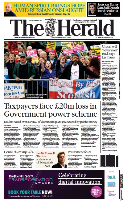 The Herald (UK) Newspaper Front Page for 17 August 2022