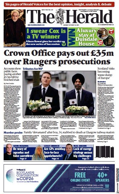 The Herald (UK) Newspaper Front Page for 18 October 2021