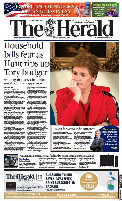 The Herald (UK) Newspaper Front Page for 18 October 2022