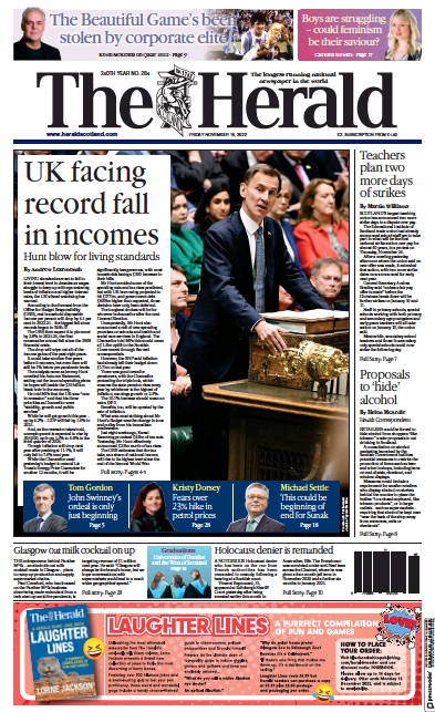 The Herald (UK) Newspaper Front Page for 18 November 2022